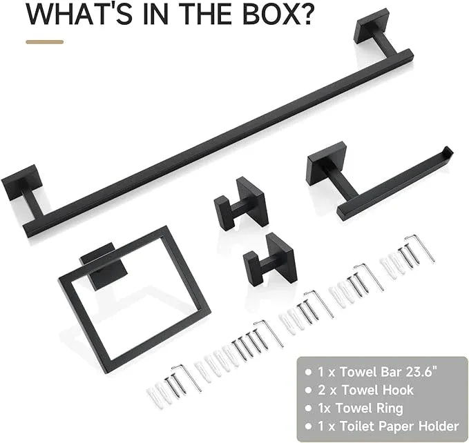 TQKAG 5-Piece Matte Black Bathroom Hardware Set Classic Wall Mounted Bathroom Accessories Set SUS304 Stainless Steel Towel Bar Sets 23.6" Towel Rack for Bathroom Towel Holder Set,Black - ModernBath
