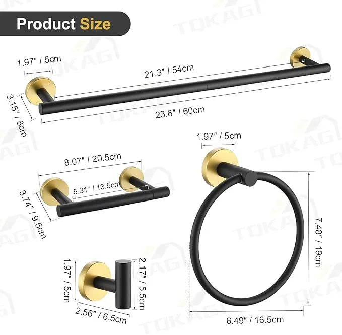 TQKAG 8-Pieces Bathroom Hardware Set Black and Gold SUS304 Stainless Steel Bath Towel Bar Set 23.6 Inch Round Bathroom Accessories Kit Wall Mounted - ModernBath
