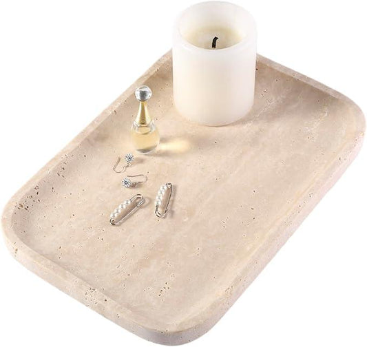 Marble Vanity Tray for Dresser Organizer, Travertine Bathroom Tray Countertop, Beige Decorative Serving Trays, Kitchen Sink Storage, Jewelry & Perfume Holder(Travertino Romano) - ModernBath