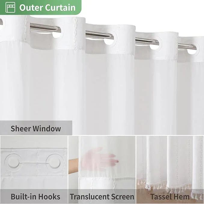 eachope White Farmhouse No Hook Shower Curtain Set with Snap-in Fabric Liner,Boho Heavy-Duty Linen Textured Rustic Striped Design,Water-Repellent with Tassels and Sheer Window,71x74 - ModernBath