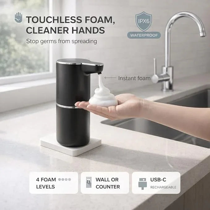 TOSCARA Auto Sensor Foam Soap Dispenser – Touchless, Rechargeable, Hands-Free Liquid Foaming Soap Dispenser for Kitchen, Bathroom, Office,Hotel–Hygienic No-Touch Hand Wash with 4- Foam Modes (Black) - ModernBath