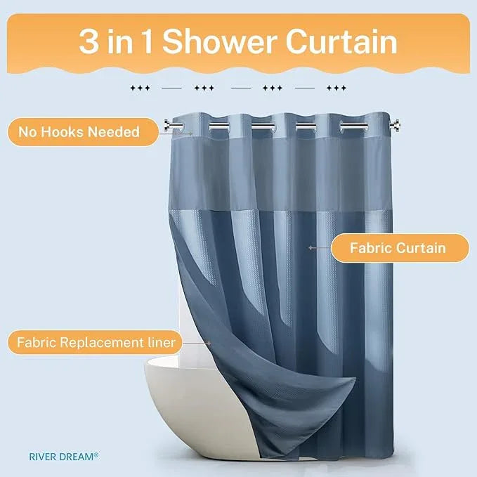 River Dream Blue Shower Curtain No Hooks Required Dotted Waffle Weave Shower Curtain with Snap in Liner - 71W x 74H,Hotel Grade,Spa Like Bath Curtain,Moonlight Blue - ModernBath