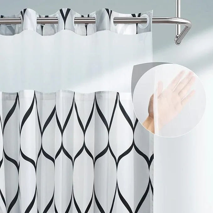 Yiatn No Hook Needed White Shower Curtain with Snap in Fabric Liner Set - Hotel Style with See Through Mesh Top Window, Modern Geometric Waterdrop Design,Water-Repellent & Washable, 71x74 INCH - ModernBath