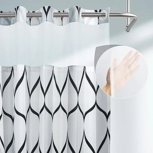 Yiatn No Hook Needed White Shower Curtain with Snap in Fabric Liner Set - Hotel Style with See Through Mesh Top Window, Modern Geometric Waterdrop Design,Water-Repellent & Washable, 71x74 INCH - ModernBath