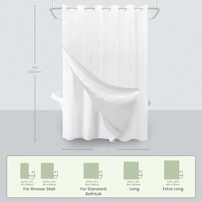 Inhousolu No Hook Waffle Weave Shower Curtain with Removable Snap in Fabric Liner Set for Bathroom, 230 GSM Heavy Duty, Water Repellent Washable Bath Curtains (White, 72" W x 78" L(Pack of 1)) - ModernBath