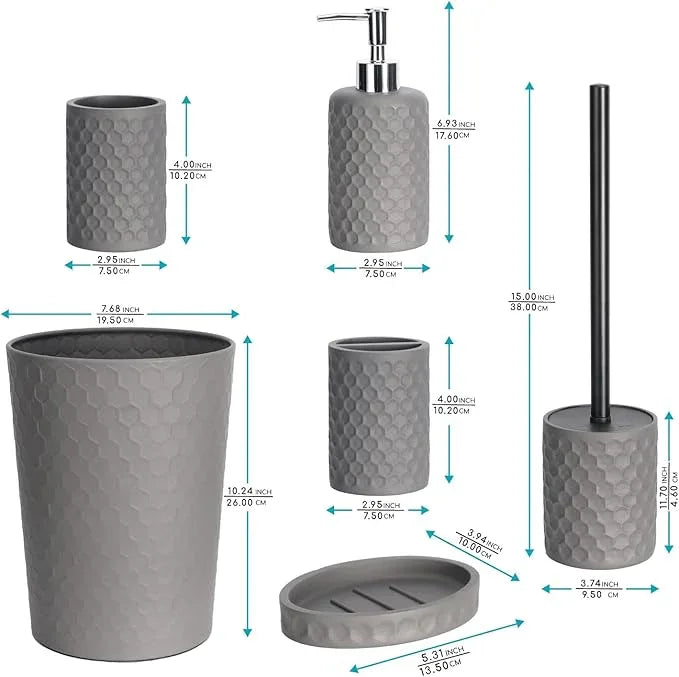 zccz Bathroom Accessory Set, 6 Piece Grey Bathroom Accessories Set with Trash Can, Toothbrush Holder, Toothbrush Cup, Soap Dispenser, Soap Dish, Toilet Brush with Holder, Trash Can, Light Gray - ModernBath