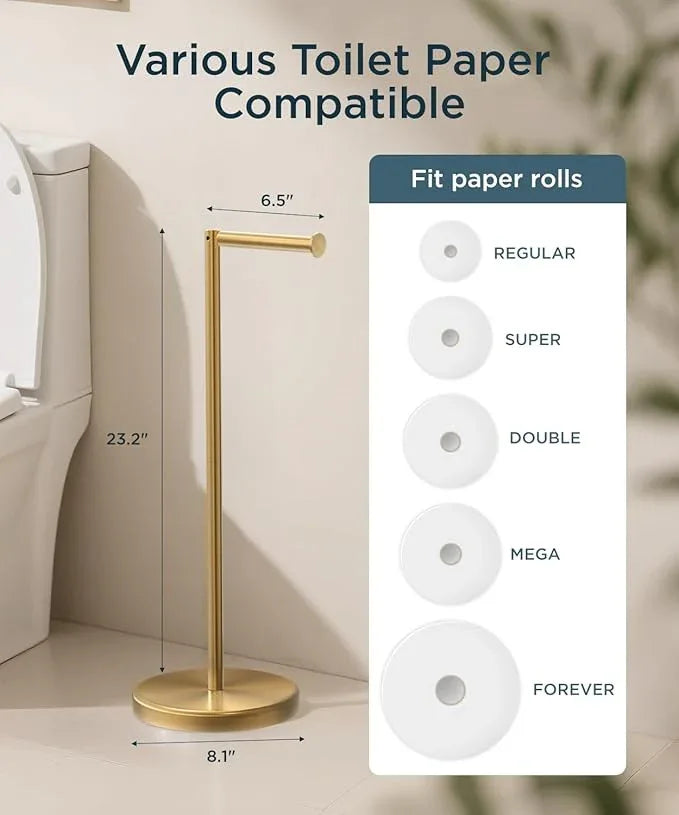 FORIOUS Toilet Paper Holder Stand, Modern Freestanding Tissue Roll Holder for Bathroom, Durable SUS 304 Stainless Steel and Weighted Base Toilet Paper Stand, Storage for 4 Rolls, Brushed Gold - ModernBath