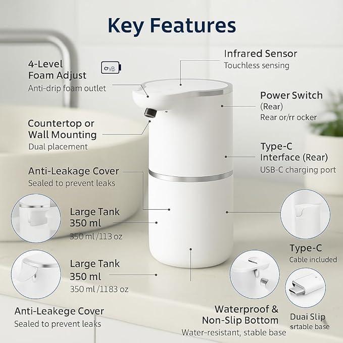 TOSCARA Auto Sensor Foam Soap Dispenser – Touchless, Rechargeable, Hands-Free Liquid Foaming Soap Dispenser for Kitchen, Bathroom, Office,Hotel–Hygienic No-Touch Hand Wash with 4- Foam Modes - ModernBath