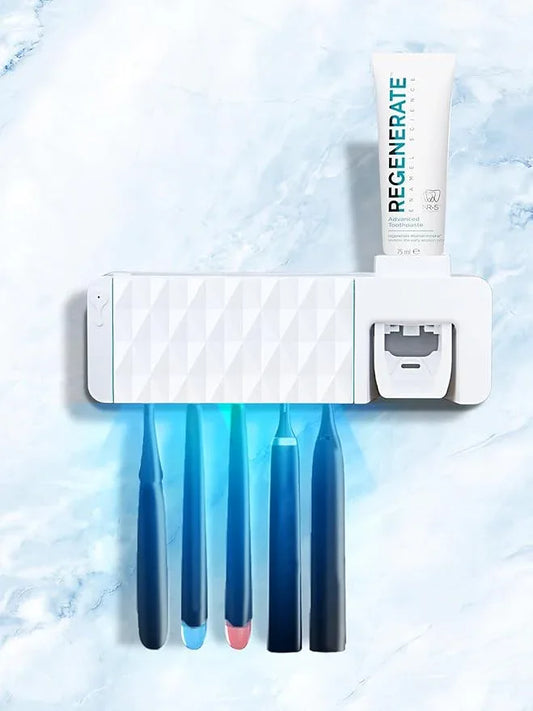 Toothbrush Holders for Bathrooms White Tooth Brush Holder with Toothpaste Dispenser Toothbrush Holder Wall Mounted 5 Toothbrush Slots Storage, Timing, AA Batteries Required - ModernBath