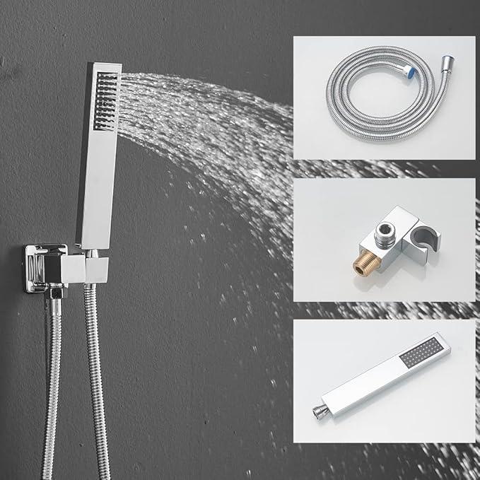 JingGang Polished Chrome Shower System 10 Inch Bathroom Luxury Rain Mixer Shower Combo Set Wall Mounted Rainfall Shower Head and Handheld System Shower Faucet Rough-in Valve Body and Trim Kit - ModernBath