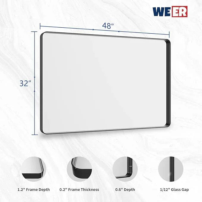 WEER Black Bathroom Mirror 48X32 Inch, Rectangular Black Metal Framed Mirror for Wall, Matte Black Vanity Mirror with Tempered Glass, Anti-Rust, Shatterproof, Hangs Horizontal or Vertical - ModernBath