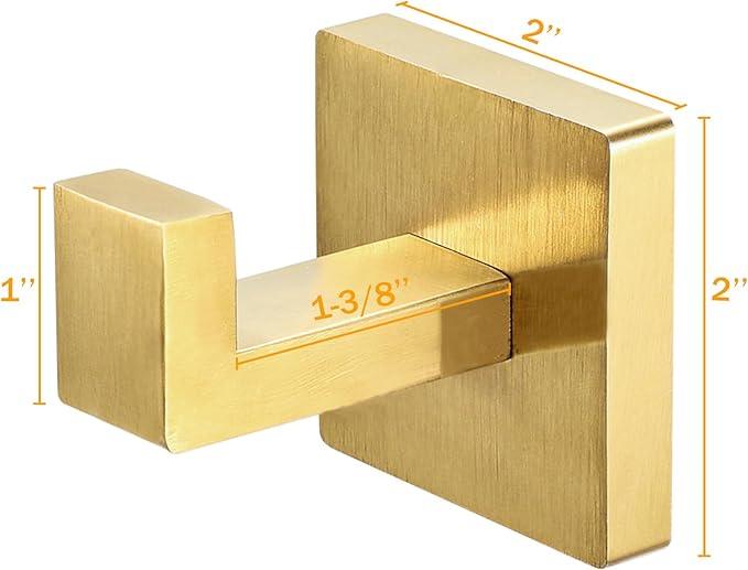 IBosins 2-Pack Towel Hooks Hand Towel Holder for Bathroom Wall Livingroom Bedroom Kitchen Closet Heavy Duty Stainless Steel Hook Hanger for Robe, Bath Towel, Coat (Square Brushed Gold) - ModernBath