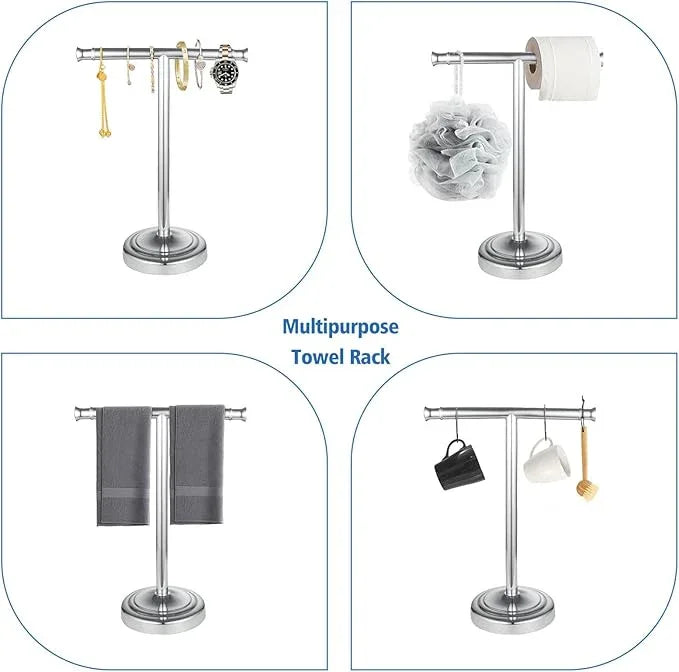 RUMOSE 13 Inch Polished Chrome Towel Stand Hand Towel Holder Bathroom Kitchen Vanity Countertop T-Shape Towel Rack Free Standing Stainless Steel Towel Bar Towel Ring - ModernBath
