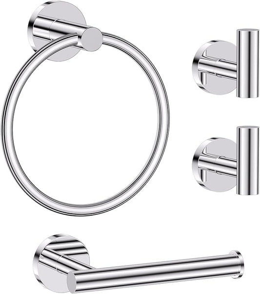 Lairuier Bathroom Hardware Set, 4-Piece Towel Holder Set Include Toilet Paper Holder,Towel Ring and 2 Towel Hooks Stainless Steel Wall Mounted Bathroom Hardware Accessories Set (Polished Chrome)