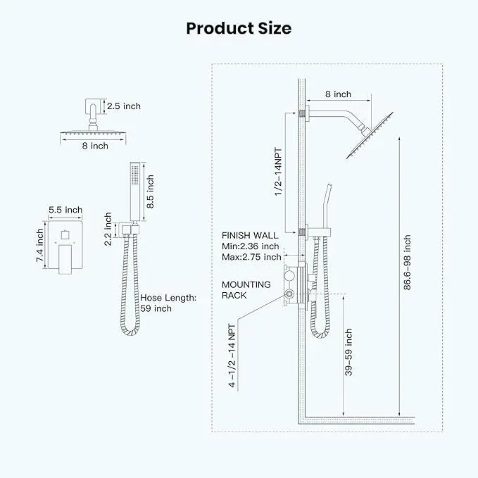 gotonovo Rainfall Bathroom Shower System Rain Shower Head and Handle Set Wall Mounted Shower Complete Combo Solid Brass Pressure Balancing Shower Mixer Valve 8 Inch Brushed Gold - ModernBath