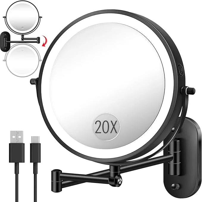 vpu 9" Wall Mounted Makeup Mirror with Light, 20X/1X Height Adjustable Double Sided Magnifying Bathroom Lighted Mirror, 3 Color Touch Dimmable Extended Arm 360 Rotation Light up Magnification Mirrors - ModernBath