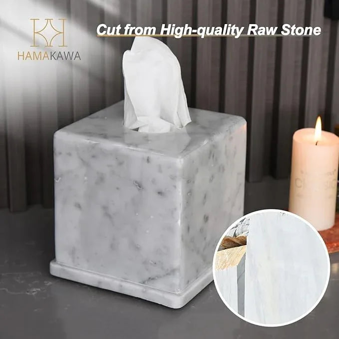 HAMAKAWA Natural Marble Tissue Box Cover, Carrara White Tissue Organizer 6 X 6 X 5.7 Inch, Heavy Stone Decorative Box, Square Tissue Box Holder for Home Decor, Kitchen, Bathroom, Bedroom - ModernBath
