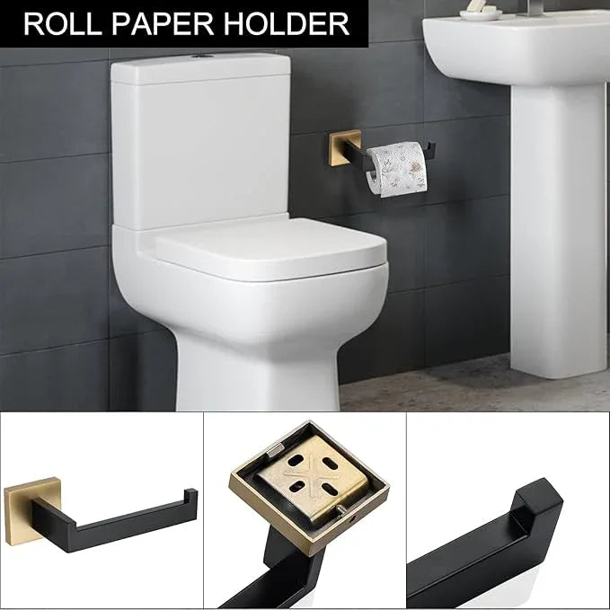 TNOMS 5 Pieces Bathroom Hardware Accessories Set Black and Gold Towel Bar Set,Wall Mounted Stainless Steel,23.6 Inch - ModernBath
