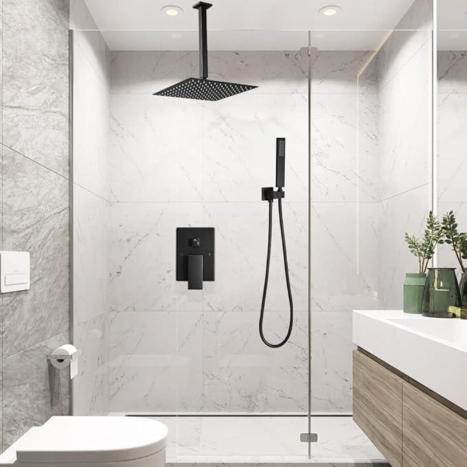Heable Shower System Matte Black Bathroom 10 Inch Rain Shower Head Ceiling Mount with Handheld Luxury High Pressure Shower Combo Set Shower Faucet Rough-in Valve Body and Trim Kit - ModernBath
