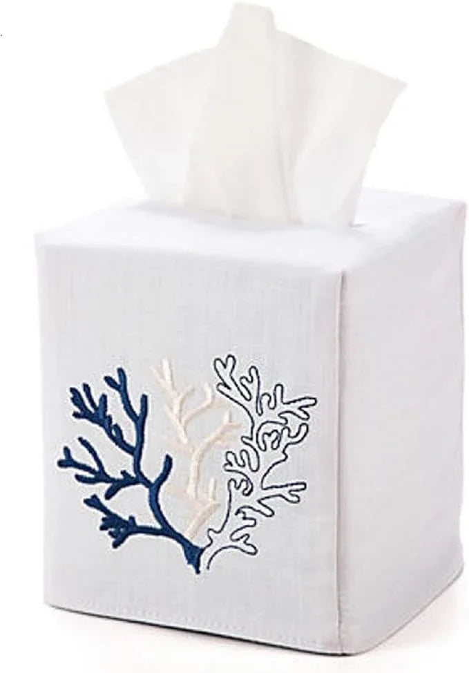 Jacaranda Living Square Tissue Box Cover, Linen/Cotton Fabric Tissue Holder, Decorative Cloth Tissue Cube Cover, Coastal Designs Coral, Navy - ModernBath