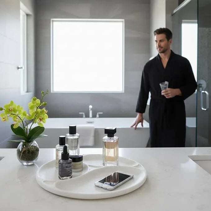 Marmor 100% Natural Marble Bathroom Tray for Perfume, Candles, Jewelry Stone Vanity, Bathroom & Kitchen Counter Organizer and Home Decor (Statuario White Marble Plate with Separate plate) - ModernBath
