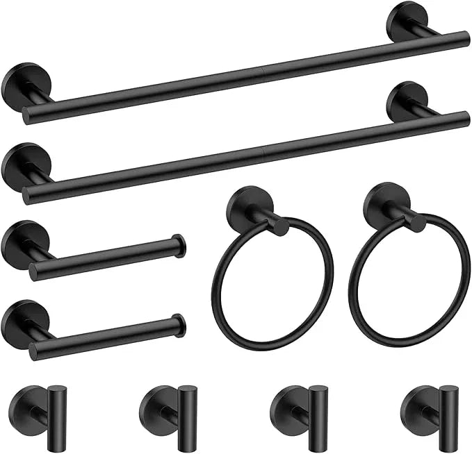 10-Pieces Bathroom Hardware Set, Includes 24 Inch Towel Racks for Bathroom Wall Mounted, Toilet Paper Holder, Towel Hooks for Bathrooms, Towel Rings for Bathroom Wall (Matte Black) - ModernBath