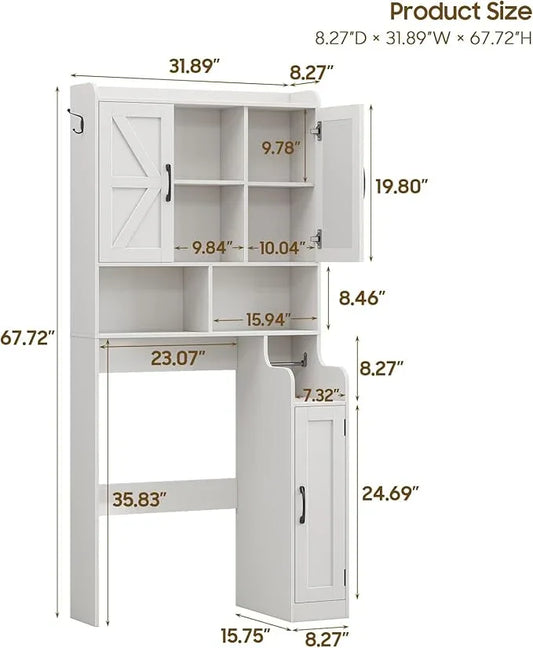 Over The Toilet Storage Cabinet, Bathroom Over Toilet Storage Organizer with Barn Doors and Paper Holder Stand Farmhouse Space Saving Rack Cabinet with Adjustable Shelves for Bathroom, Laundry (White) - ModernBath