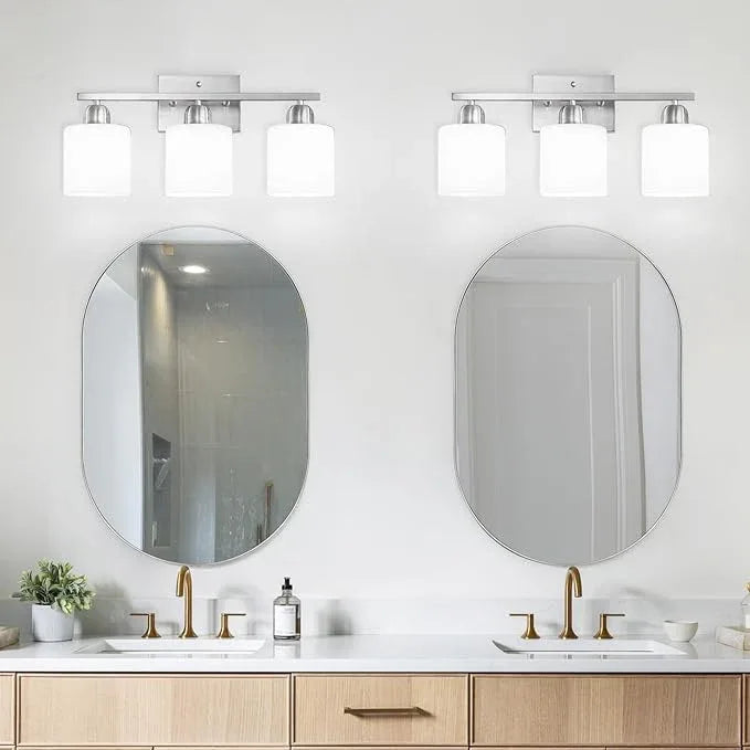 Brushed Nickel Bathroom Light Fixture, 3 Light Vanity Lights for Bathroom, Bath Lights with Milky White Frosted Glass Shades, E26 Socket - ModernBath