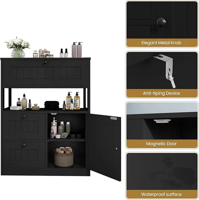 Storage Cabinet, Modern Bathroom Floor Storage Cabinet Organizer with 1 Door and 3 Drawers, Freestanding Cupboard for Kitchen/Living Room Use - ModernBath
