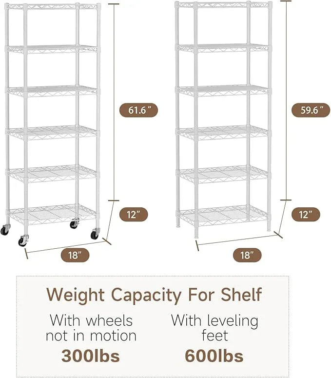 Small 6 Tier Shelf Storage Wire Shelving Unit Metal Shelves Adjustable Organizers Storage Shelving with Wheels for Bathroom Laundry Room Kitchen Pantry12”D x 18”W x 61.6”H White - ModernBath