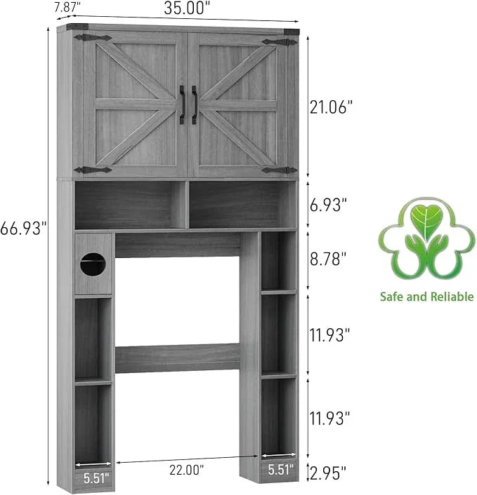 Vabches Over The Toilet Storage Cabinet, Farmhouse Storage Cabinet Over Toilet with 2 Barn Doors ，Toilet Paper Holder Stand，Home Space-Saving Toilet Rack, for Laundry, Restroom, Bathroom.Grey. - ModernBath