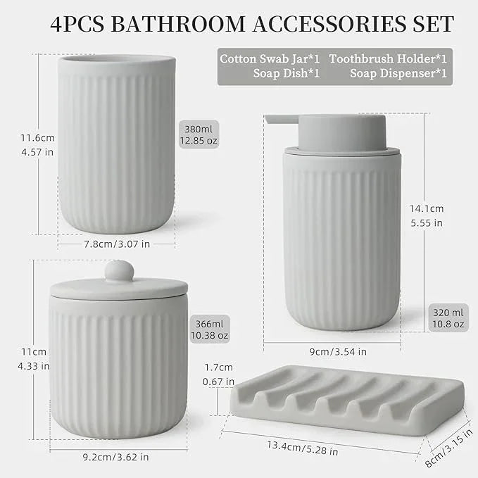 BosilunLife Ceramic Bathroom Accessories Set - Bathroom Counter Soap Set Light Grey Bathroom Decor Sets Accessories Bathroom Lotion Soap Dispenser and Toothbrush Holder Set, Soap Dish, Apothecary Jars - ModernBath