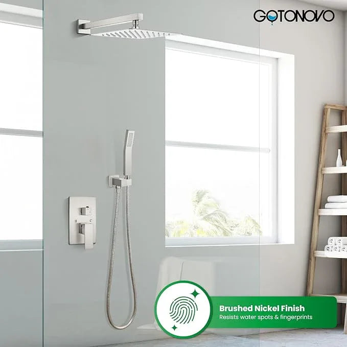 gotonovo Rainfall Bathroom Shower System Rain Shower Head and Handle Set Wall Mounted Shower Complete Combo Solid Brass Pressure Balancing Shower Mixer Valve 10 Inch Brushed Nickel - ModernBath