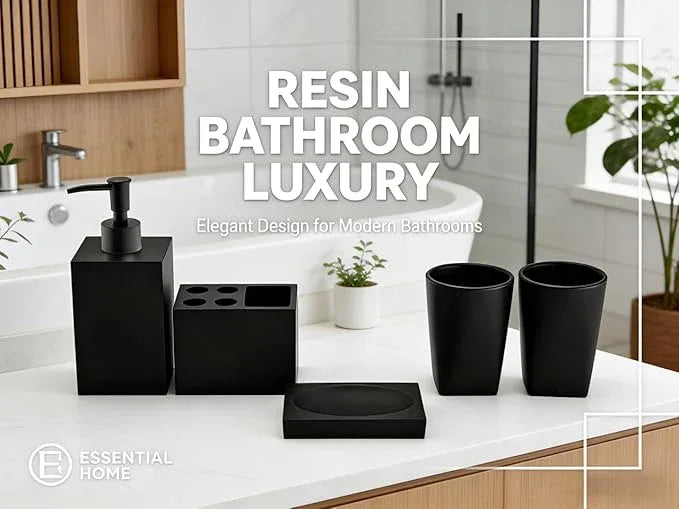 Jincrop 5-Piece Matte Black Bathroom Accessory Set - Modern Design Set with Soap Dispenser, 2 Tumbler Cups, Soap Dish & Toothbrush Holder - ModernBath