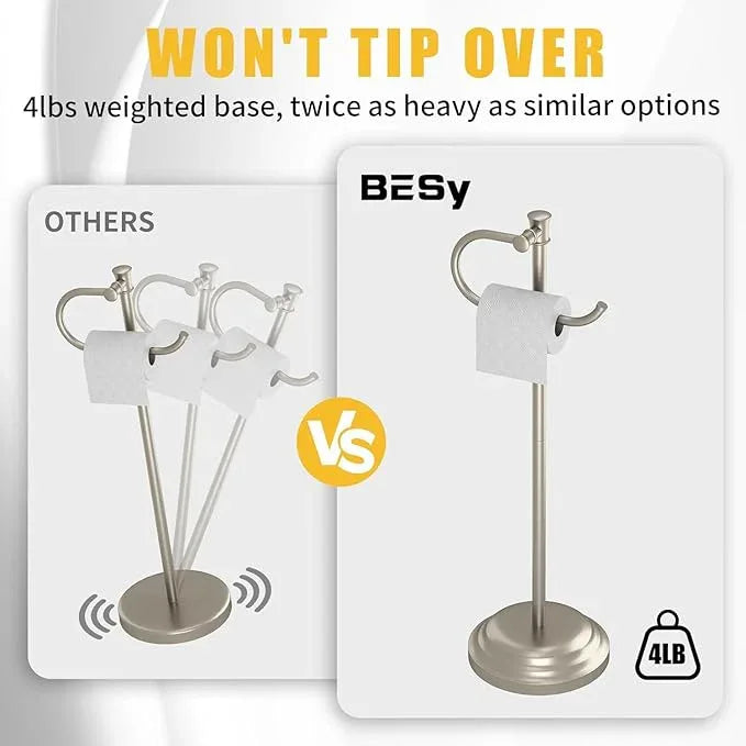 BESy Toilet Paper Holder Stand SUS 304 Free Standing Bathroom Tissue Holder with Storage Hardware Accessories Rack Hand Towel Bar Rustproof Lavatory Tissue Roll Holder Floor Modern Brushed Nickel - ModernBath