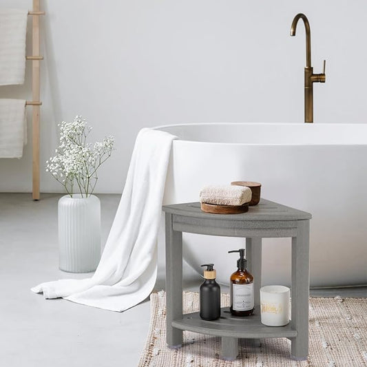 Apolimi HDPE Corner Shower Stool,Shower Bench Seat with Storage Shelf for Shaving Legs Plastic Spa Bath Step Foot Rest for Bathroom Small Place (Grey)