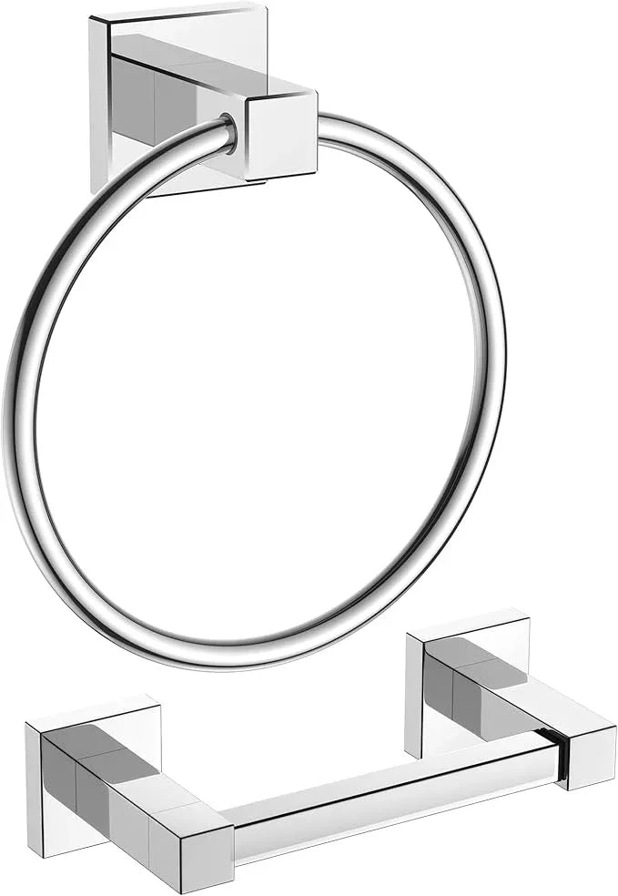 FORIOUS Toilet Paper Holder Wall Mount and Hand Towel Ring Set, SUS 304 Stainless Steel Double Post Pivoting Tissue Roll Holder, Modern Bathroom Hardware Accessories Set, Chrome - ModernBath