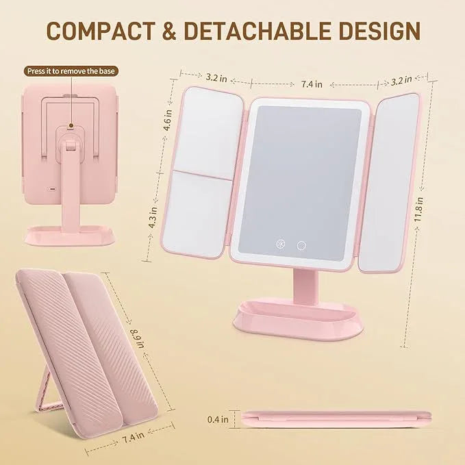 FRANO Rechargeable Trifold Makeup Mirror with Lights, 1X/3X/5X Magnification, Cordless 3-Color LED Vanity Mirror for Travel & Desk, Up to 20H Use, Ideal Gift for Women & Teens - Pink - ModernBath