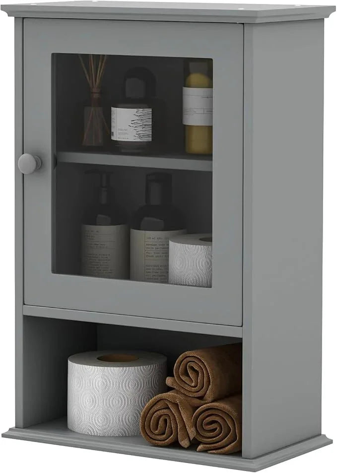 LOKO Bathroom Medicine Cabinet, Over The Toilet Storage Organizer with Adjustable Shelf, Modern Wall Mounted Storage Cabinet with Tempered Glass Door for Living Room, Entryway (Grey) - ModernBath