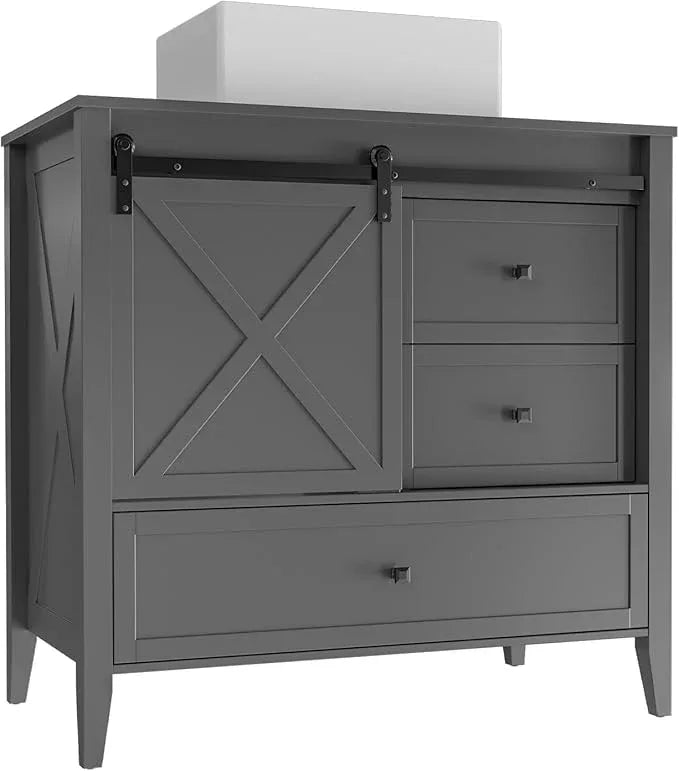 VNN Bathroom Vanity with Sink - 36 Inch Bathroom Vanity with Sink Ceramic, Freestanding Cabinet with Farmhouse Sliding Barn Door and 3 Drawers, Space-Saving Storage Cabinet, Grey - ModernBath