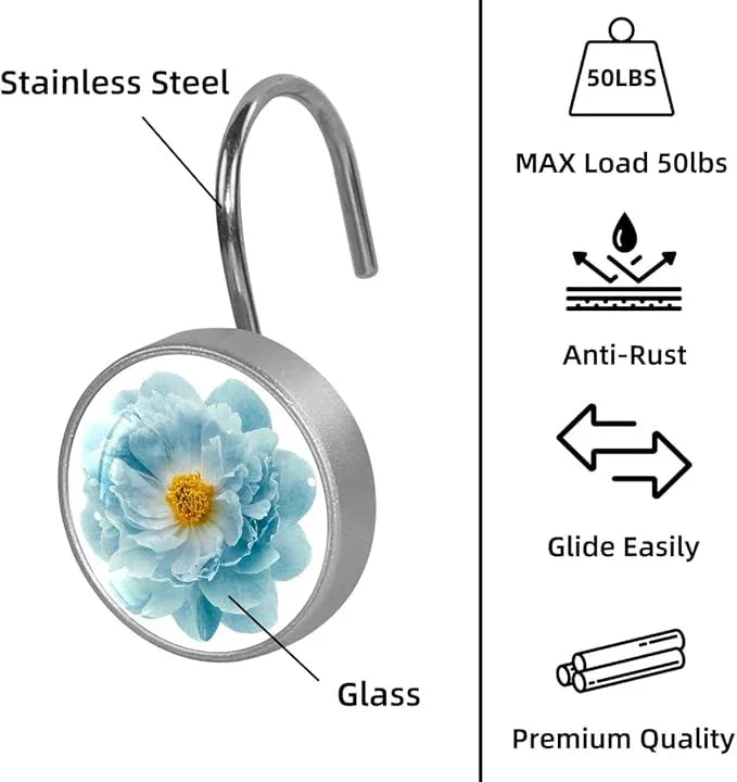 12 Pcs Decorative Shower Curtain Hooks, Rust Proof Glass Surface Stainless Steel Rings for Bathroom Bedroom Kitchen Home Bath Room Rods Decor (Turquoise Peony Flower) - ModernBath