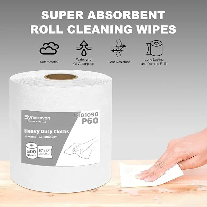 Synvicovan Jumbo Roll Industrial Cleaning Wipes, Super Absorbent Heavy Duty Cloths, White (1 Roll of 500 Sheets, 12"x 10" Each Sheet) - ModernBath