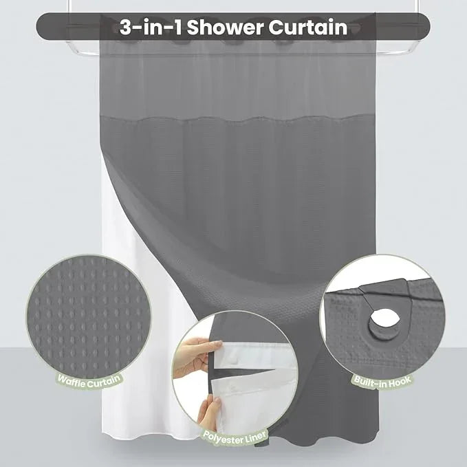 Inhousolu Stall No Hook Shower Curtain with Snap in Fabric Liner Set Waffle Weave 230GSM Weighted Hem, Waterproof & Washable Bathroom Curtain Spa Luxury with Mesh Top Window 36" W x 72" L Grey - ModernBath