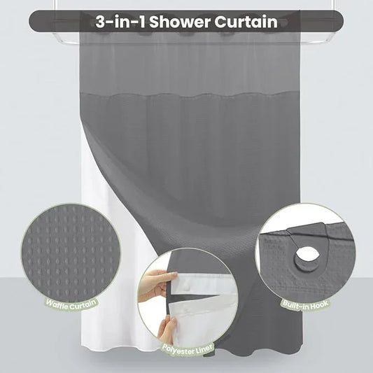 Inhousolu Long No Hook Shower Curtain with Snap in Fabric Liner Set Waffle Weave 230GSM Weighted Hem, Waterproof & Washable Bathroom Curtain Spa Luxury with Mesh Top Window 72" W x 78" L Grey - ModernBath