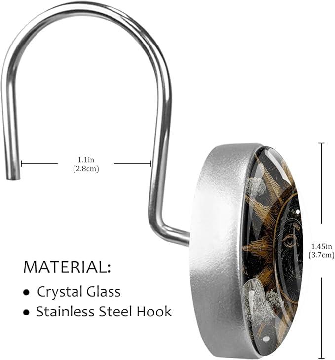 Vintage Boho Sun Shower Curtain Hooks, 12Pcs Decorative Rust Resistant Shower Rings for Shower Curtain Rods, Stainless Steel Round Curtain Hooks for Bathroom, Bedroom, Farmhouse - ModernBath