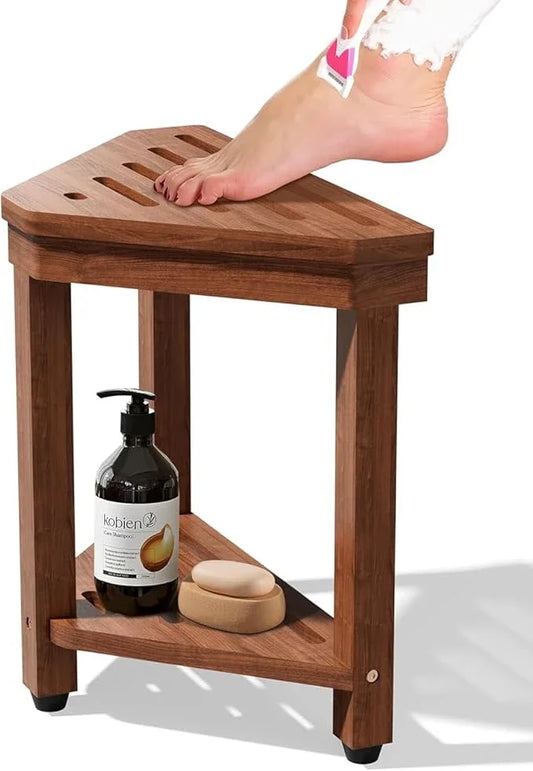 Shower Foot Rest 15 in, Acacia Shower Stool for Shaving Legs,Corner Bath Shower Bench with Starage Shelf for Inside Small Shower Spaces - ModernBath