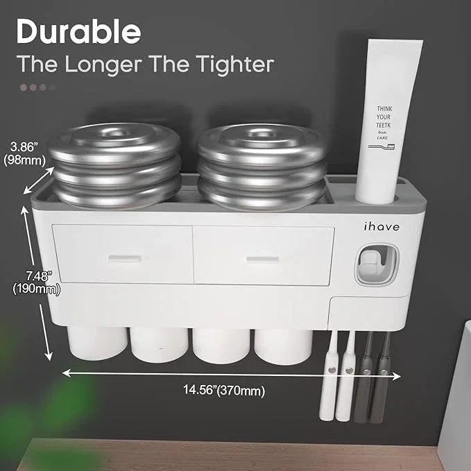 iHave Toothbrush Holders for Bathrooms, 4 Cups Toothbrush Holder Wall Mounted with Toothpaste Dispenser - Large Capacity Tray, 2 Cosmetic Drawer - Bathroom Organizer & Bathroom Accessories Set - ModernBath