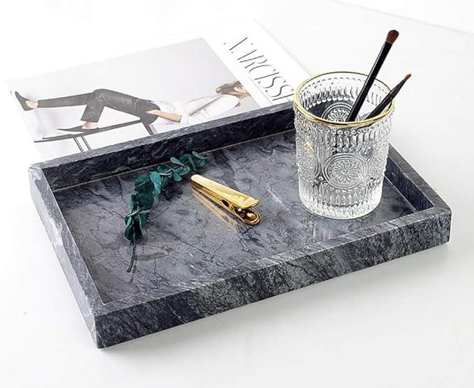 Moreast Black Marble Tray, Stone Bathroom Tray, Decorative Holder for Tissrue, Candle, Soap, Towel, Plant (Black - 12 x 8) - ModernBath