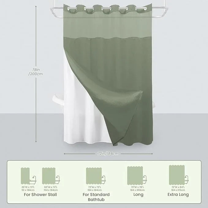 Inhousolu Long No Hook Shower Curtain with Snap in Fabric Liner Set Waffle Weave 230GSM Weighted Hem, Waterproof & Washable Bathroom Curtain Spa Luxury with Mesh Top Window 72" W x 78" L Sage Green - ModernBath