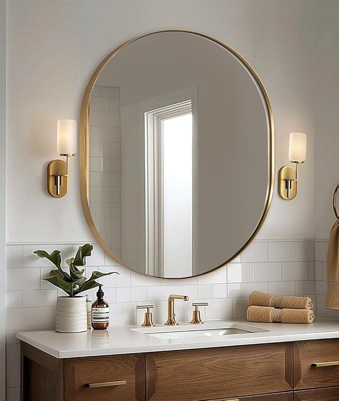 ANDY STAR 30x36'' Gold Oval Mirror, Brass Oval Mirror Pill-Shaped Design in Stainless Steel Metal Frame for Bathroom, Entryway, Living Room, Contemporary 1" Deep Wall Mount Vertical or Horizontal - ModernBath